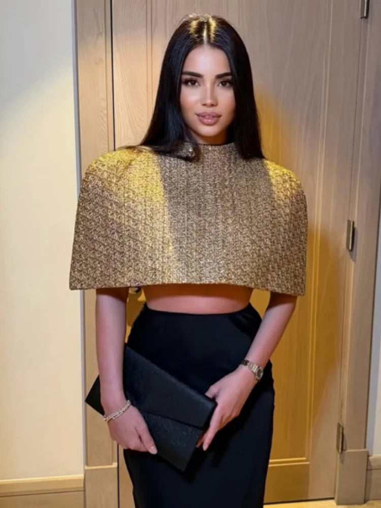 Women Elegant Gold Sparkle Capelet Top Shiny Tweed Shoulder Wrap Turtleneck Short Cloak New Lady Evening Club Party Tops 2026