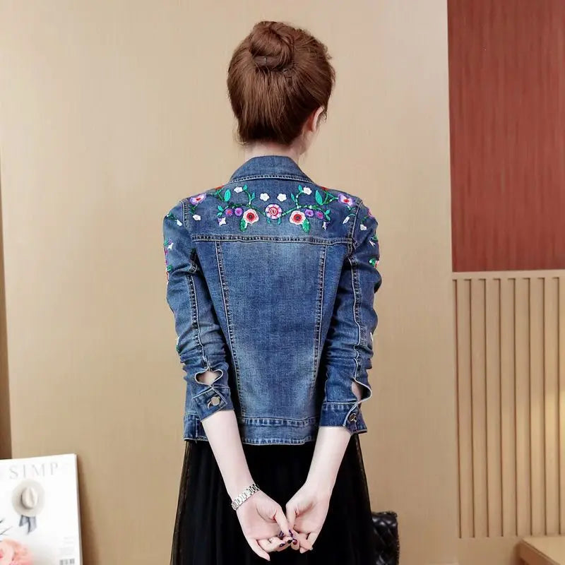 Embroidered denim jacket women's short 2025 spring and autumn new versatile elastic slim denim jacket Korean version jacket top
