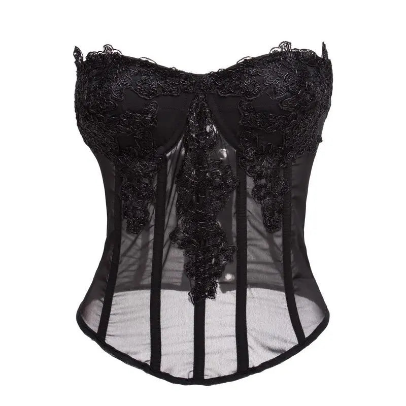Pink Transparent Mesh With Floral Appliques Overbust Gothic Corset Top Woman Push Up Bustier Lingerie Sexy Hot Corsetto Donna