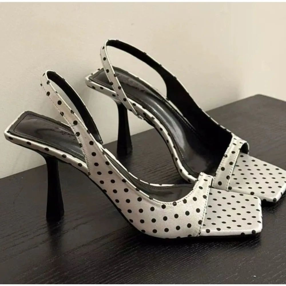 Fashion Brand Designer Heeled Sandals Women Polka Dot Square Toe Summer Open Toe Sexy Banquet Party Elegant Comfort Office Heels