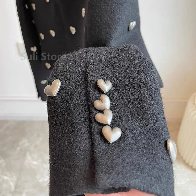 Autumn Winter Fashion Heart Buckle Black Wool Tweed Short Jacket Coat Women Vintage Long Sleeve V Neck Wave Cardigan Outwear Top