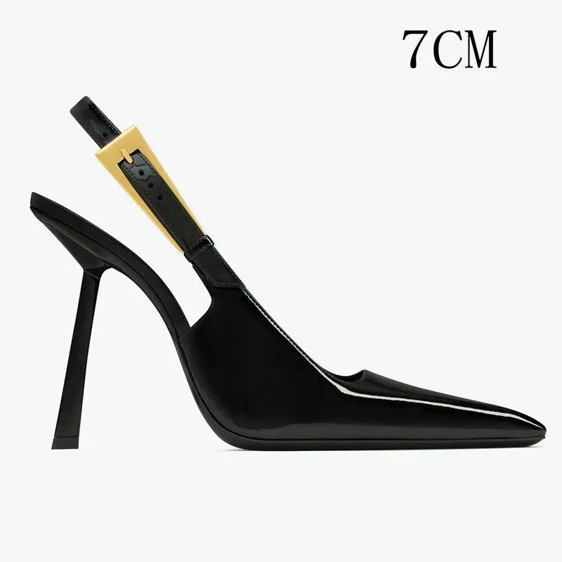 2025 Spring And Summer New Black Patent Leather High Heels Women Slim Heel Shoes Temperament Minority Pointed Sandals