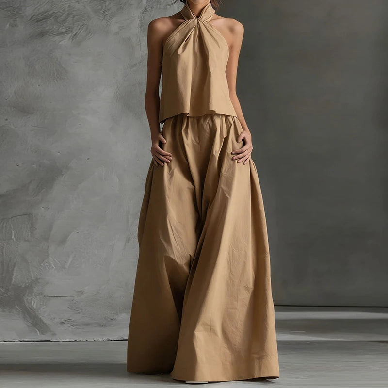 2026 Women Summer Casual Holiday Halter Sleeveless Pullover Top with Wide Leg Pants Two-Piece Set Backless Patchwork Chic Outfit