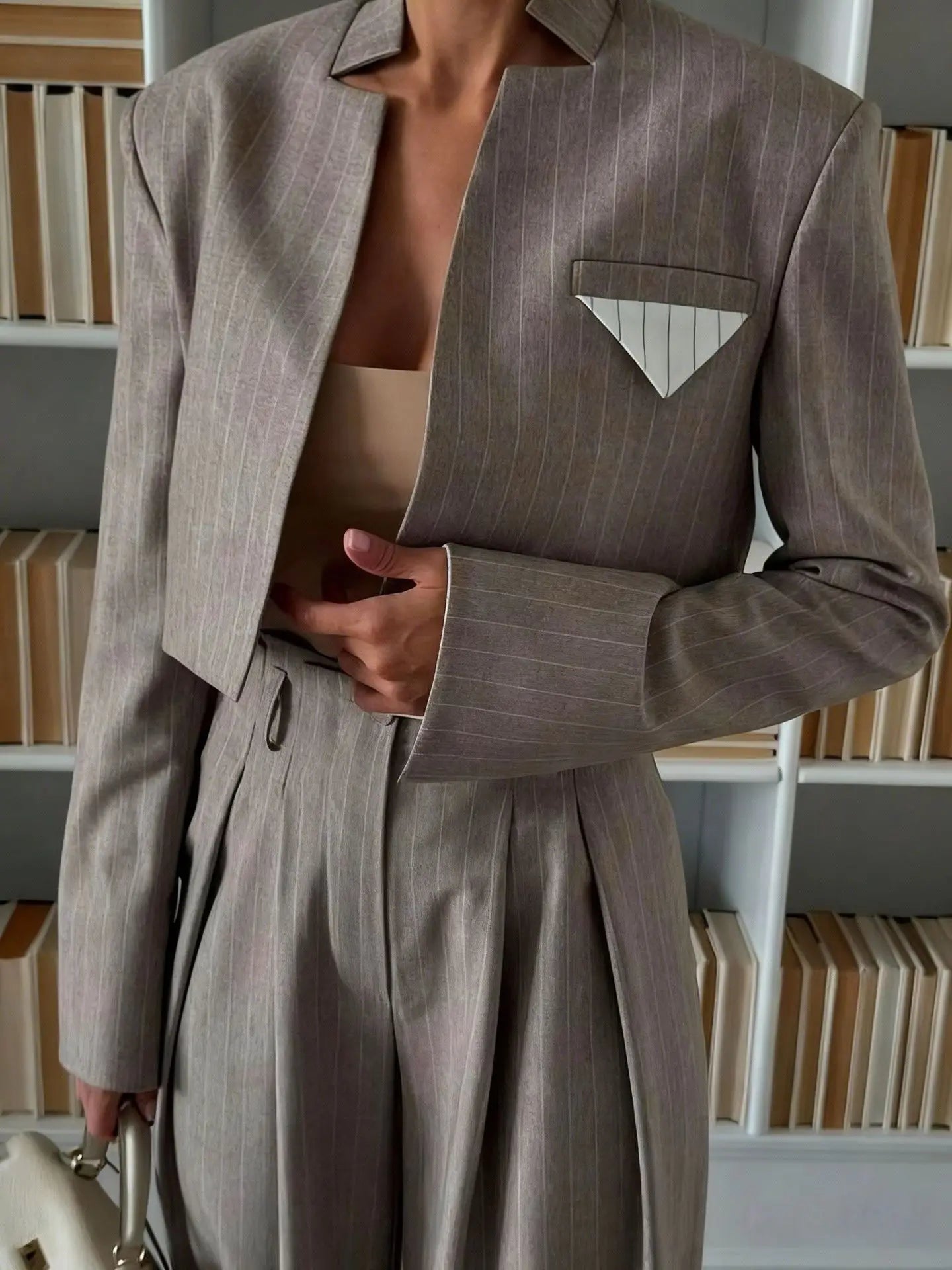 2026 New Gray Stripe Short Suit Jacket Top Loose Wide Leg Pants Two Piece Casual Women Fashion Suit Set