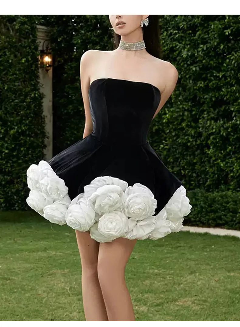 SuperAen Korean Style Party Dress for Women Summer 2025 New Black Three-dimensional Decoration Rose Elegant Strapless Dress