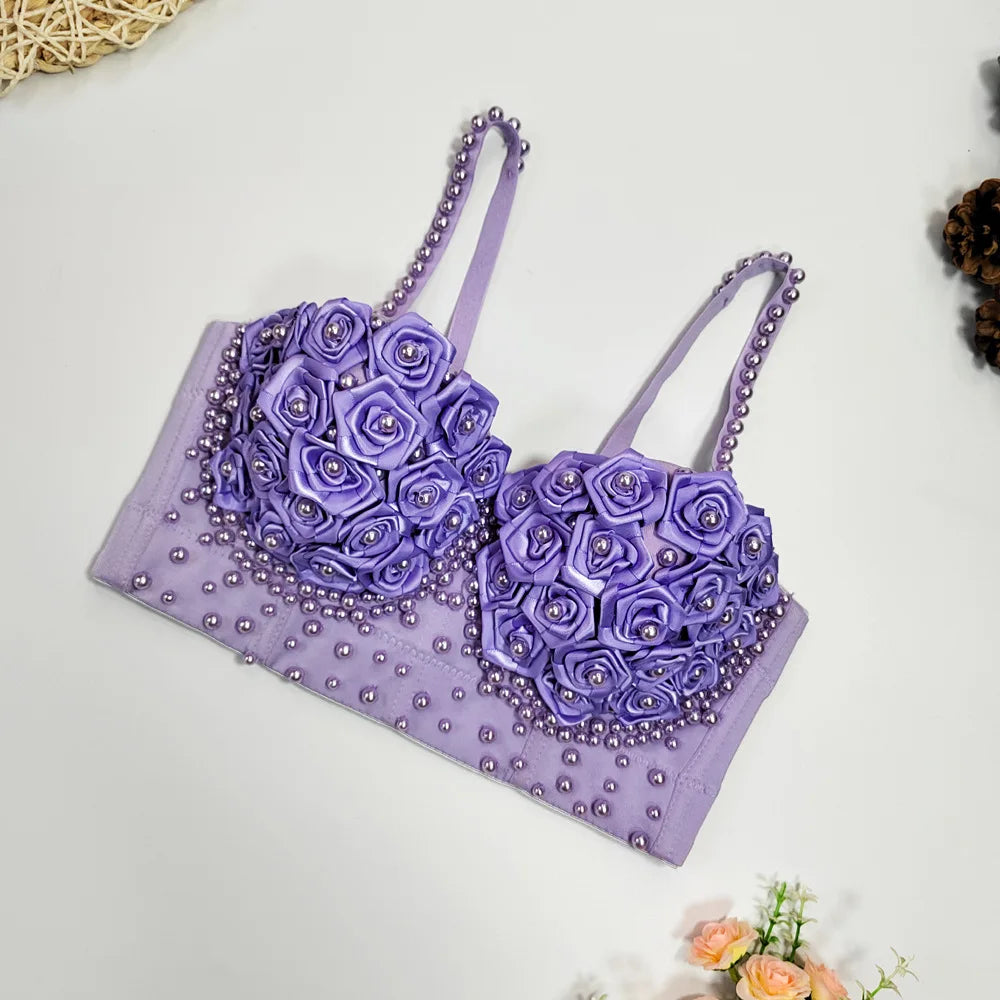 New 2025 Sexy Vest Corset Women Three-dimensional Flowers Roses Pearls Short Tops Party Bustier Push-up Bra Strap Crop Top 42913