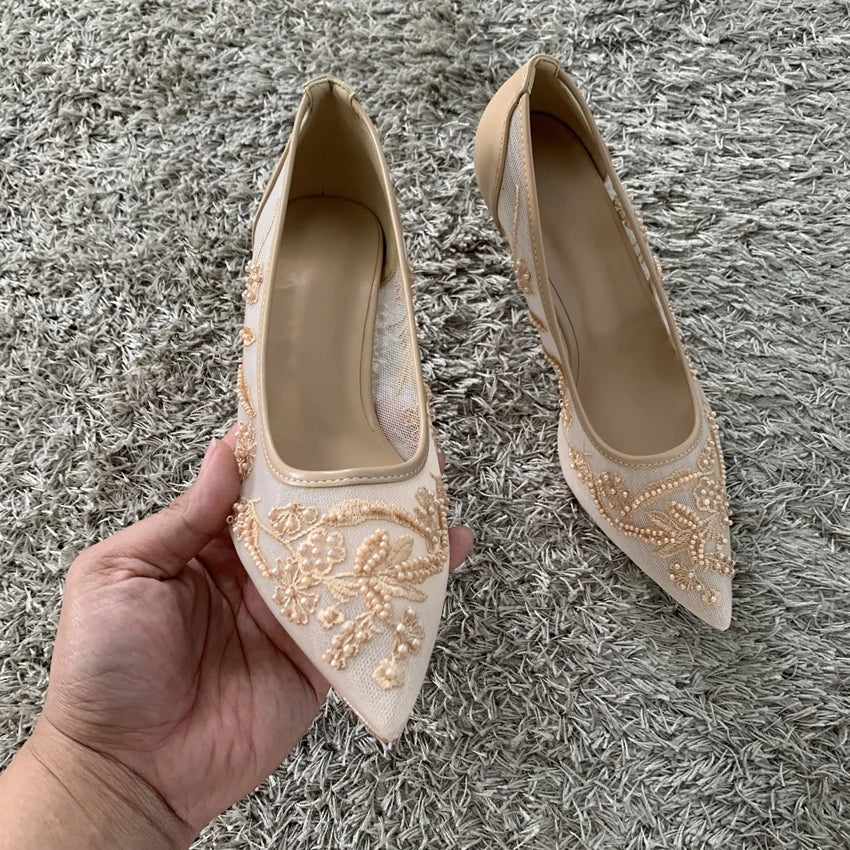 String Bead Mesh Embroider High Heels Women Sexy Pointed Toe Heeled Sandals Summer Elegant Luxury Designer Wedding Pumps Shoes