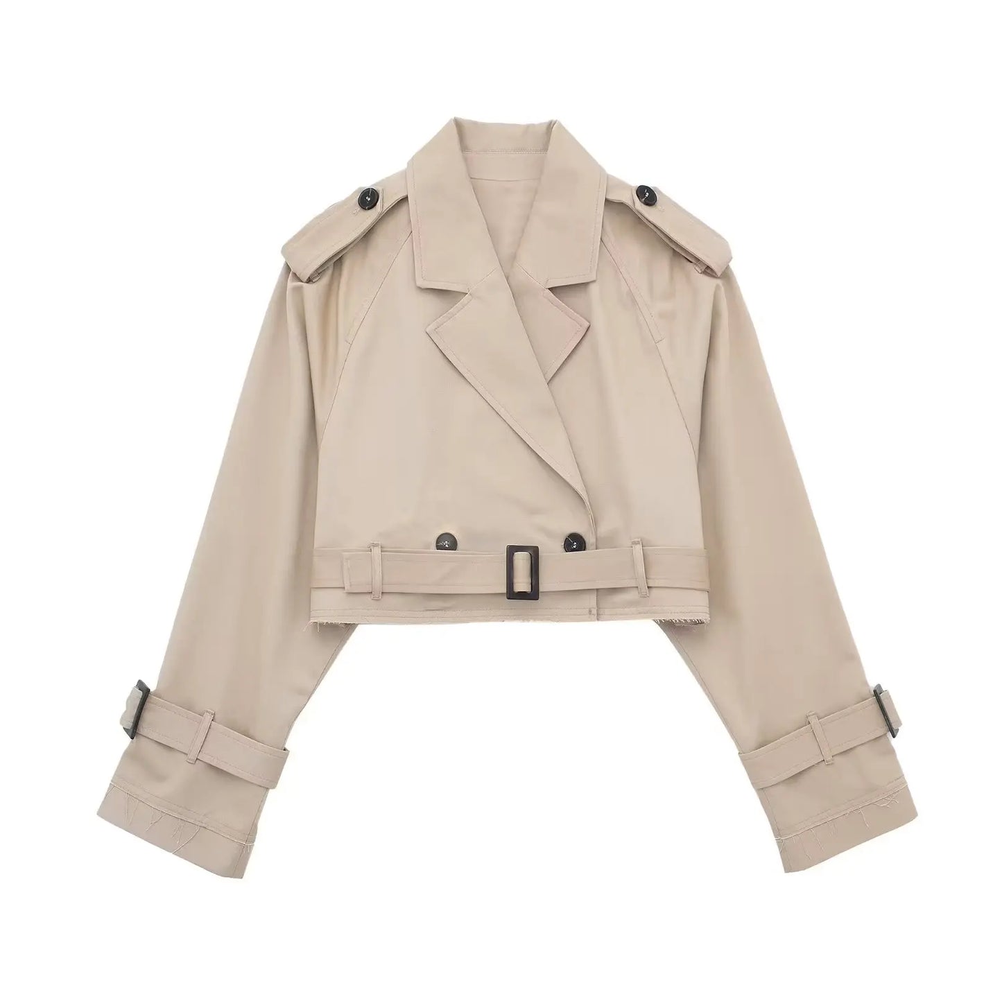 HH 2025 Women Belt Cropped Trench Spring Jacket Vintage Streetwear Double Breasted Long Sleeve Top Female Coat Outfits