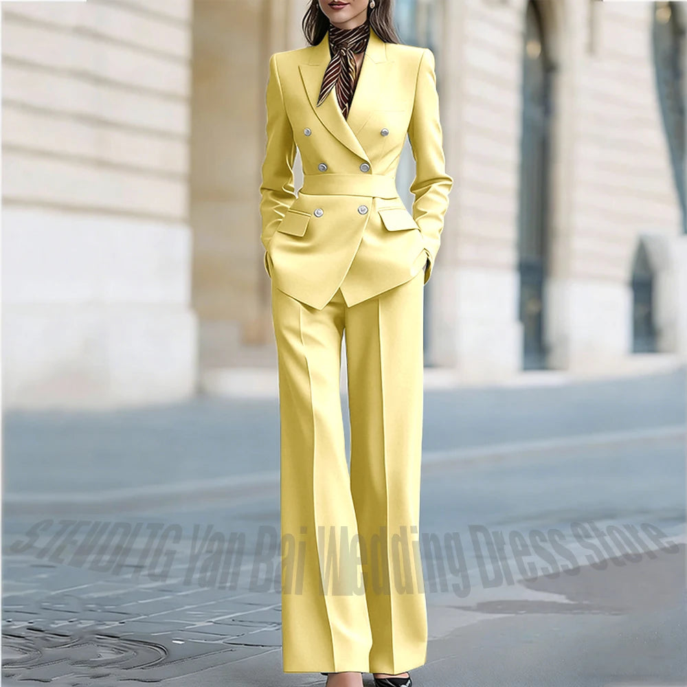 Customized Straight Women's Suits Two Pieces Classic Double Breasted Solid Color High Street Business Casual Office Suit Set