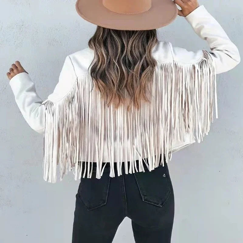 Women's Casual Fringe Cropped Jacket Western Boho Vintage Long Sleeve Zip Up Trendy Autumn Outerwear