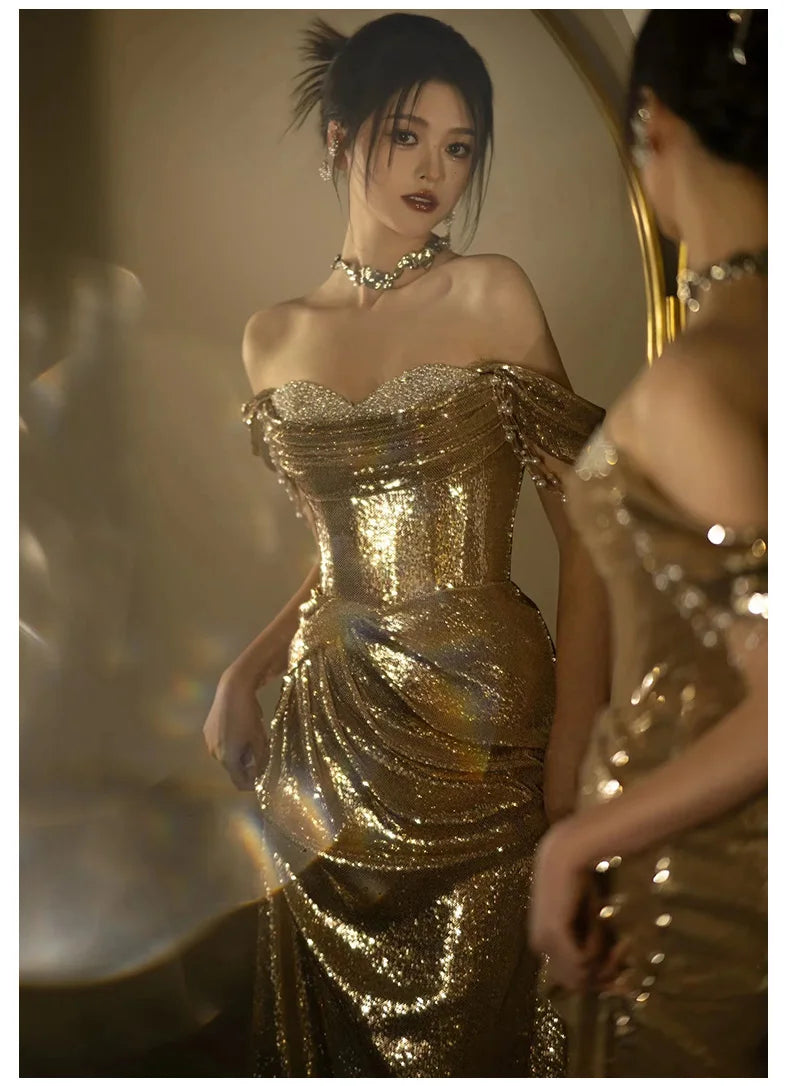 Mauroicardi Spring Autumn Praty Evening Dresses Woman Off Shoulder Backless Elegant Chic Luxury Floor Length Gold Sequin Clothes