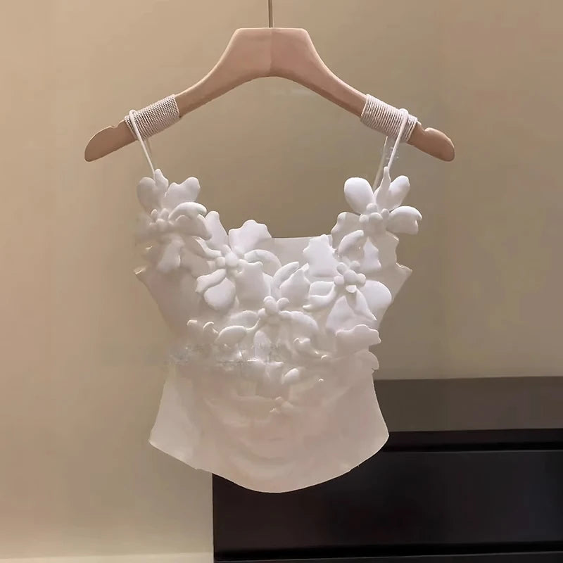 Summer New Style Women's White Strap Vest Gentle Wind 3D Flower Decoration Slim Fit Inner Wear Folded Design Outerwear Top