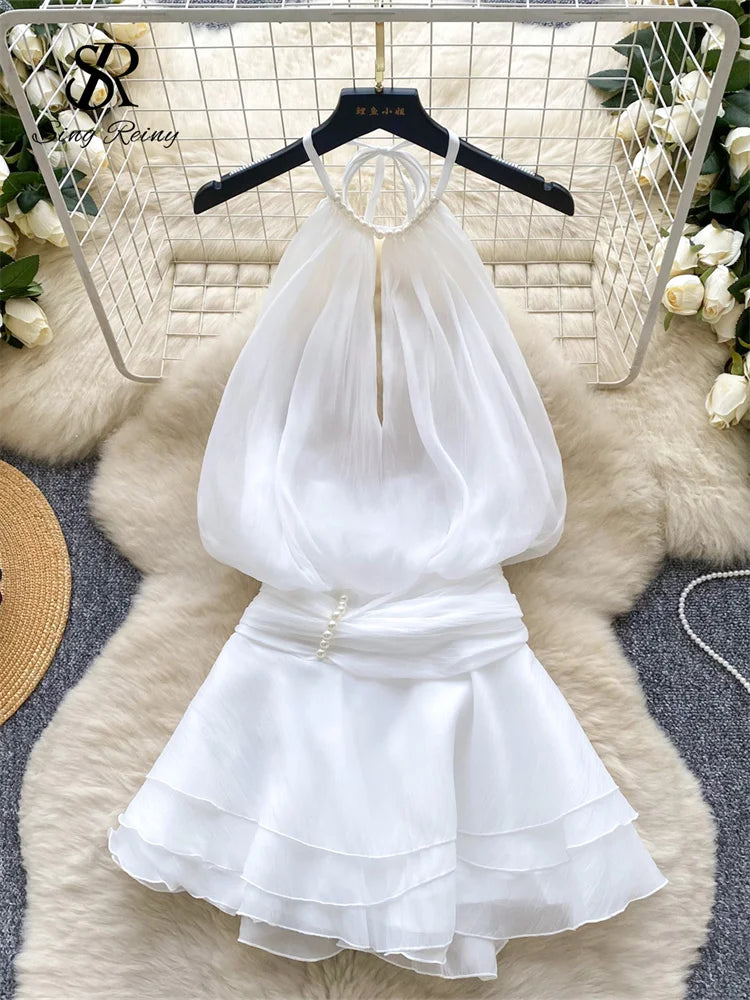 SINGREINY Strap Chiffon Mini Dress Female Pearl Halter Sleeveless Backless Sexy Design Fairycore Vacation Summer Ruffles Dress