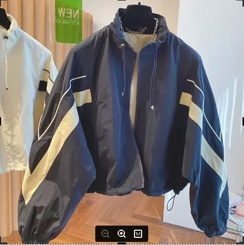 American retro drawstring black and white contrast stitching coat women's autumn new loose leisure sports baseball uniform