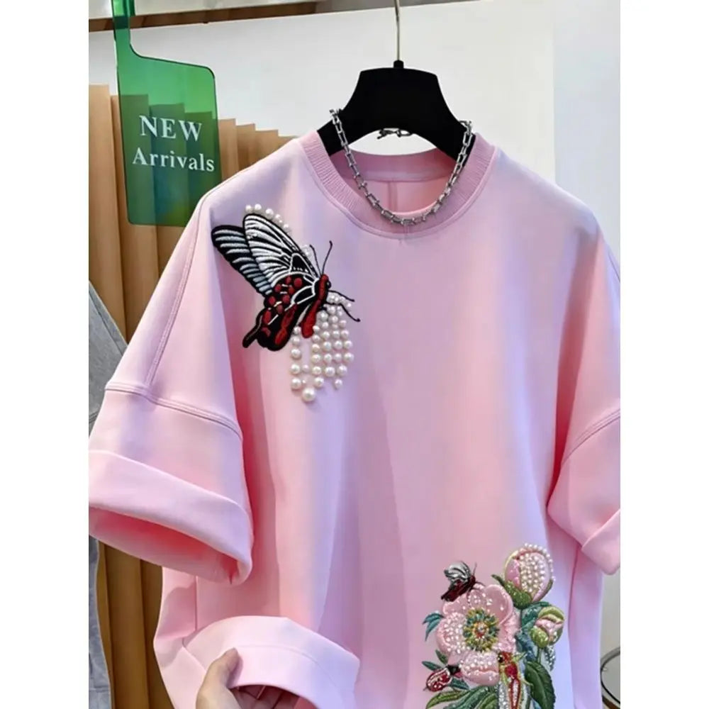 Original Heavy Industry Flower Butterfly Embroidered Pearl Beaded Short Sleeve T-shirt Women's European Style Luxury Fashion Top
