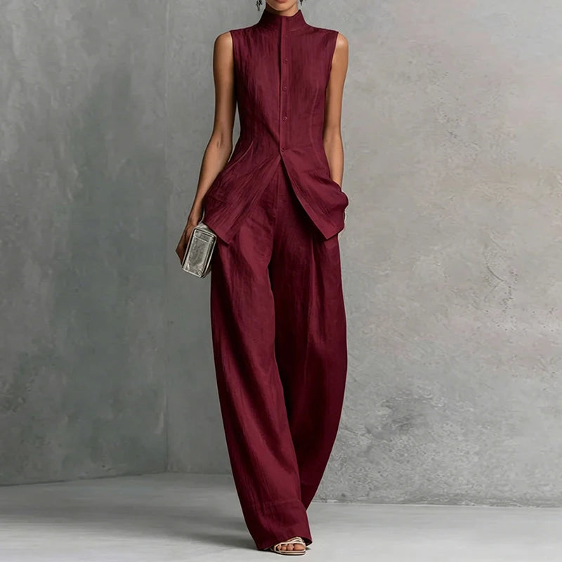 Women's Summer Stand Collar Sleeveless Single-Breasted Cardigan Top with Wide Leg Pants 2PCS Set Solid Holiday Outfit Streetwear