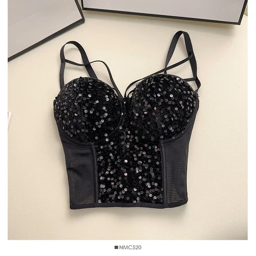 Sexy Sequins Tank Top Corset for Women Mesh Patchwork Backless Spaghetti Strap Camis Shiny Crop Tops Women's Clothing Dropship