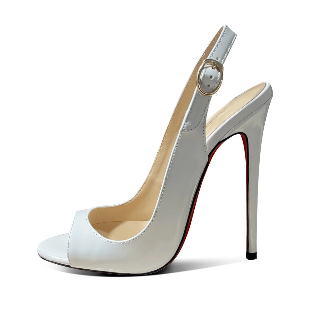 Black fish mouth back hollow toe sandals 12cm ultra shallow mouth sexy red sole high heels for women slim heels, plus size shoes
