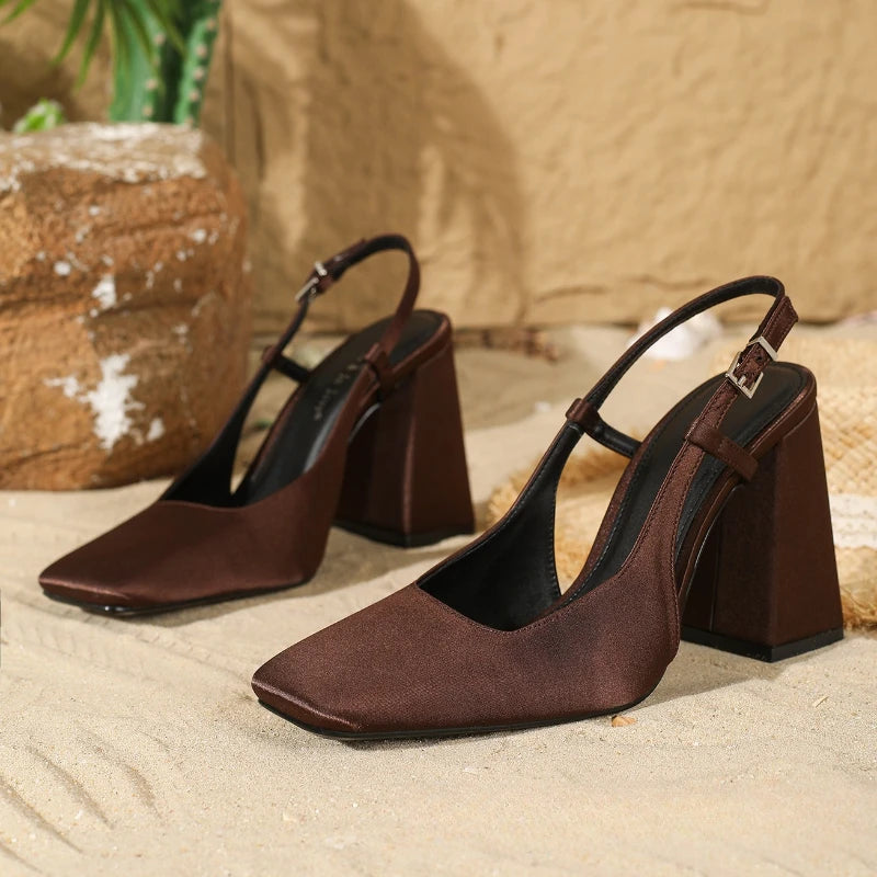 High Quality Purple Satin Chunky Heel Women Pumps Square Toe Buckle Design Elegant Heeled Sandals Luxury Wedding Bridal Shoes