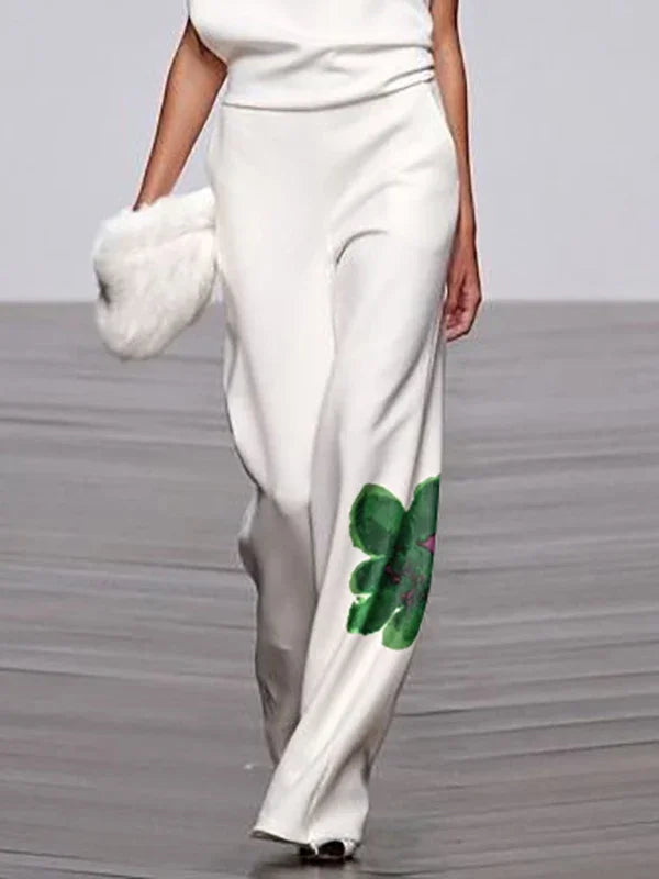 UOOZEE 2025 New Summer Women's 2 Piece Sets Fashion Floral Printed High Neck One-shoulder Tops & High Waisted Straight Leg Pants