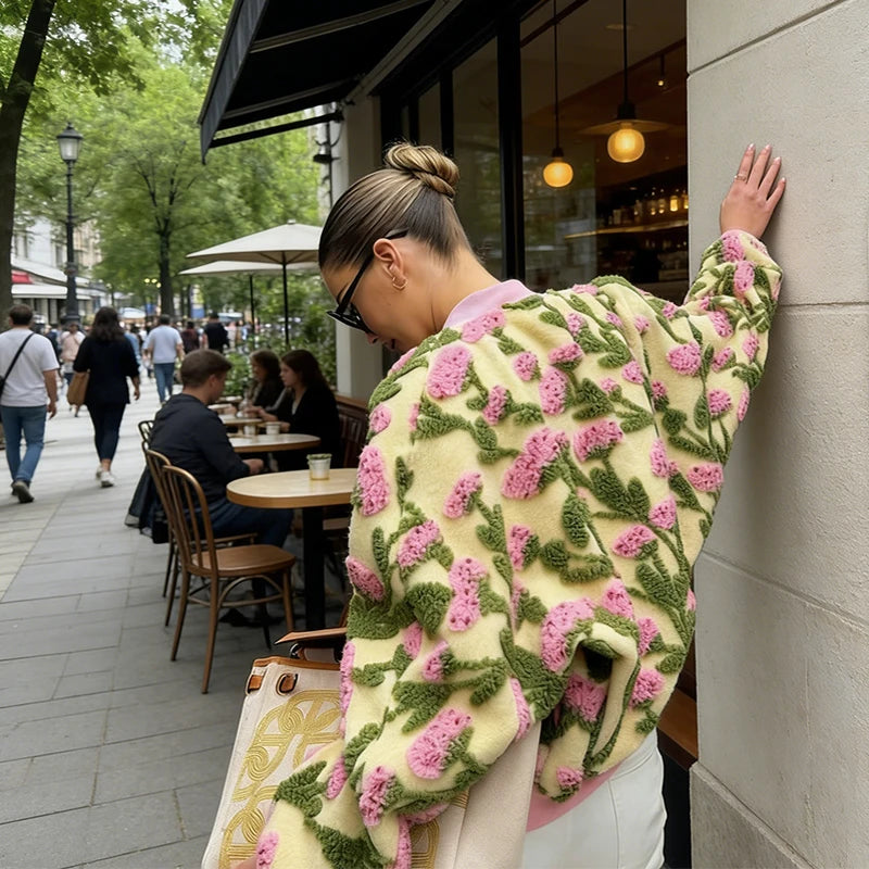 Sweet Dreamy Flower Plush Bomber Jacket For Women Casual Oversized Long Sleeves Zip Up Fleece Coat 2026 High Street Daily Wear