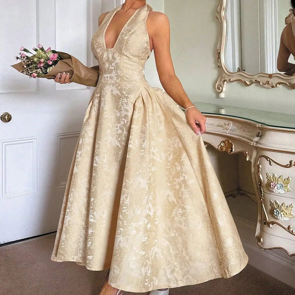 Evening Party Dresses Women Summer Sexy Bow Halter Long Dress Elegant Jacquard Lace Up Backless Birthday Robe