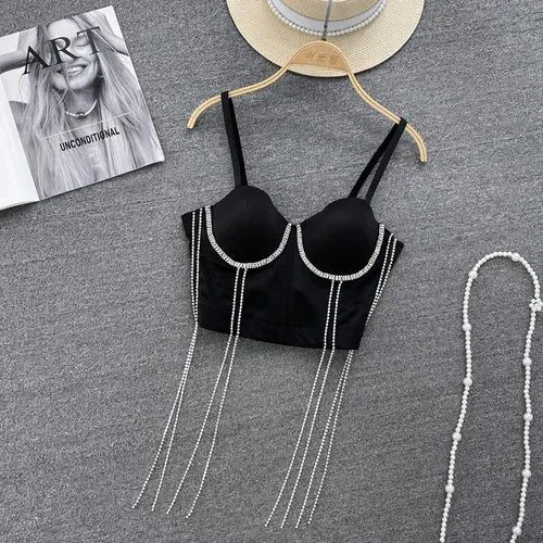 Women Chic Tassels Pads Rhinestone Basic Corset Straps Camis Slim Hot Sexy Fashion Bare NavelBackless Tops Women Crop Top