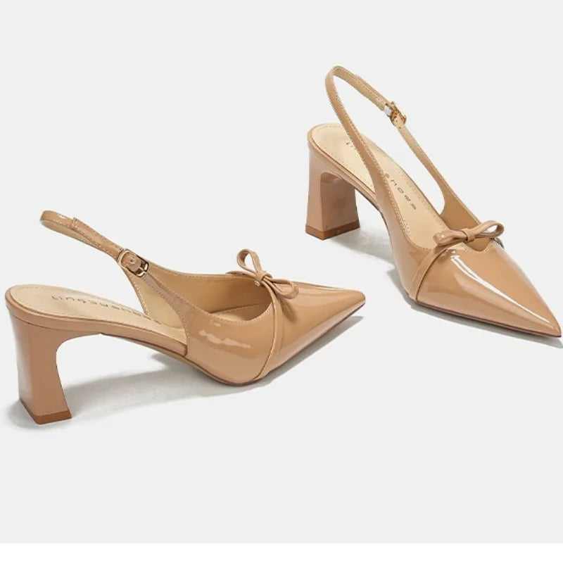 Pointed Toe Women's New Sandals 2025Summer Bow Luxury Brand Sexy Buckle High Heels Slingback Shallow Mouth Girls Mary Jane Shoes