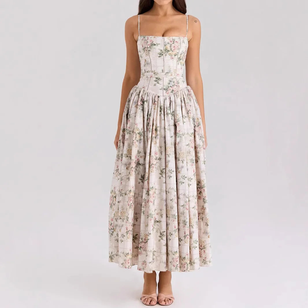 Oligai Floral Print Midi Sundress Elegant Spaghetti Strap Flowy Dress Aussie Summer Women Boho Chic Beach Dress