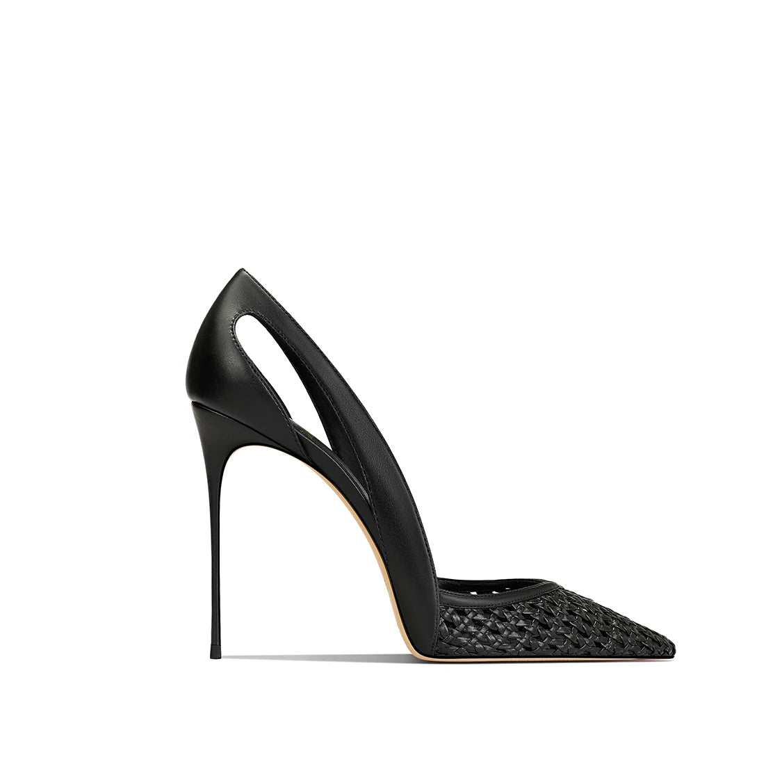 Summer New Women's Black Leather Woven Fashionable and Sexy Pointed Thin Heel High-heeled Shoes