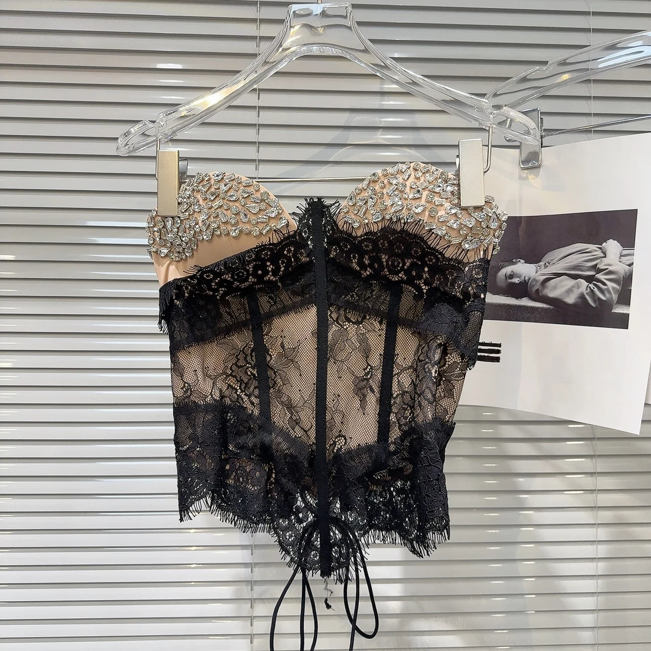Summer 2026 Sexy Spicy Girl Heavy Work Rhinestone Nail Fishbone Waist Cinch Strapless Tube Top Tank Original Design Lace Trim...
