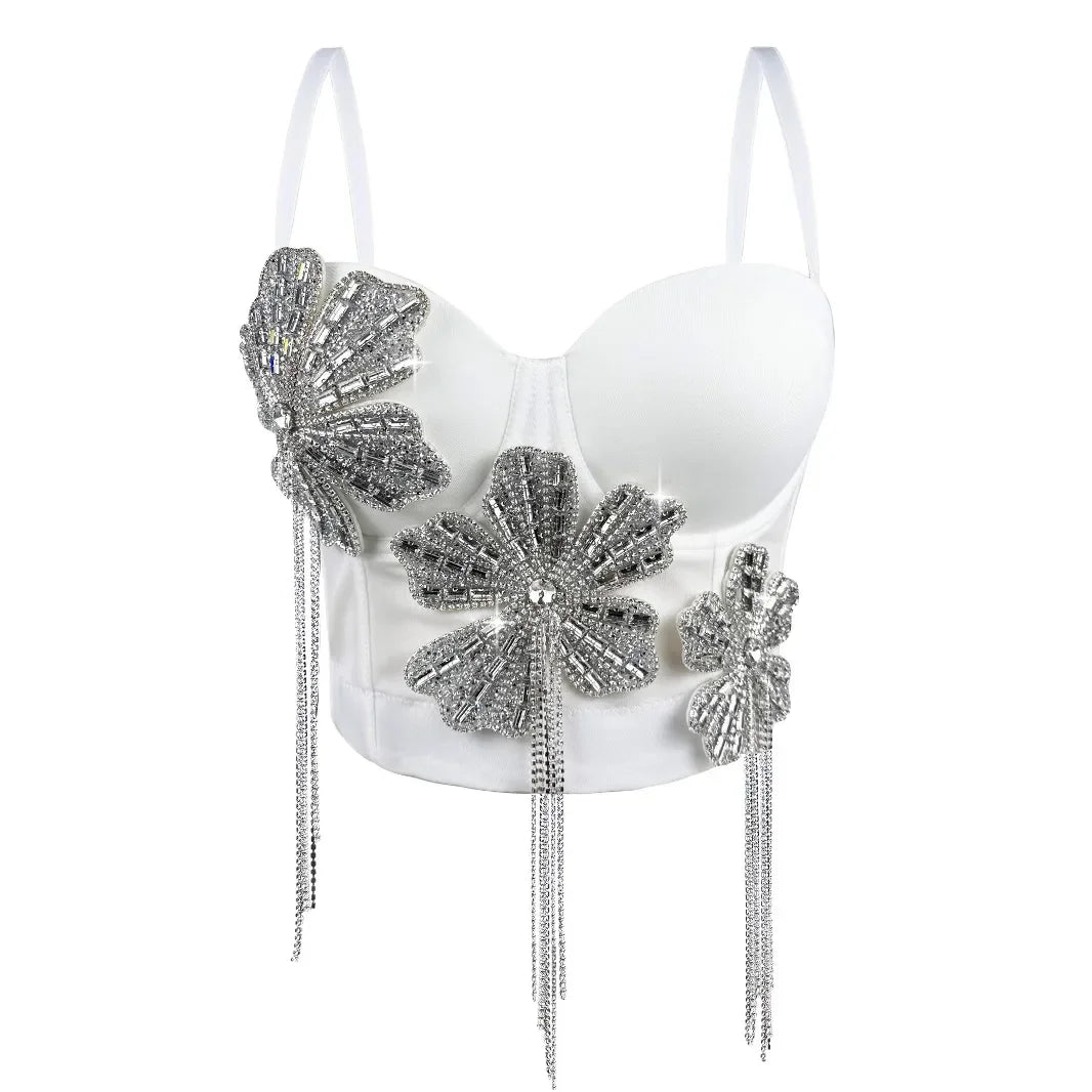 Fashion Women Diamonds Embroidery Flowers Tassel Bustier Corset Crop Tops To Wear suspender vest