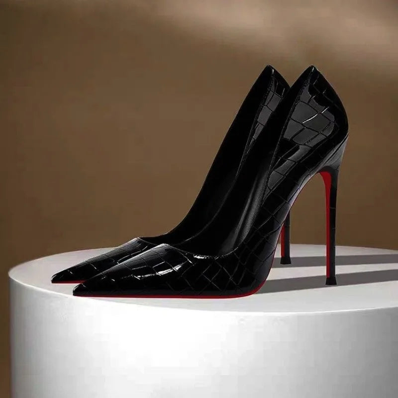 Patent Leather Plaid Pointed Toe High Heels Women's New French Sexy Stiletto Versatile Temperament Single Shoes