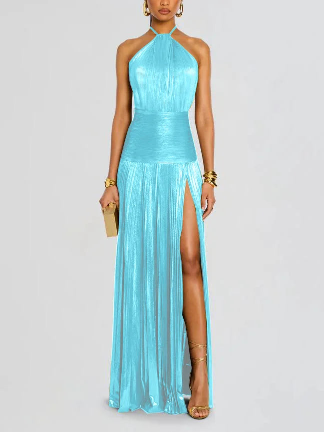 Pleated Halter Split Dress