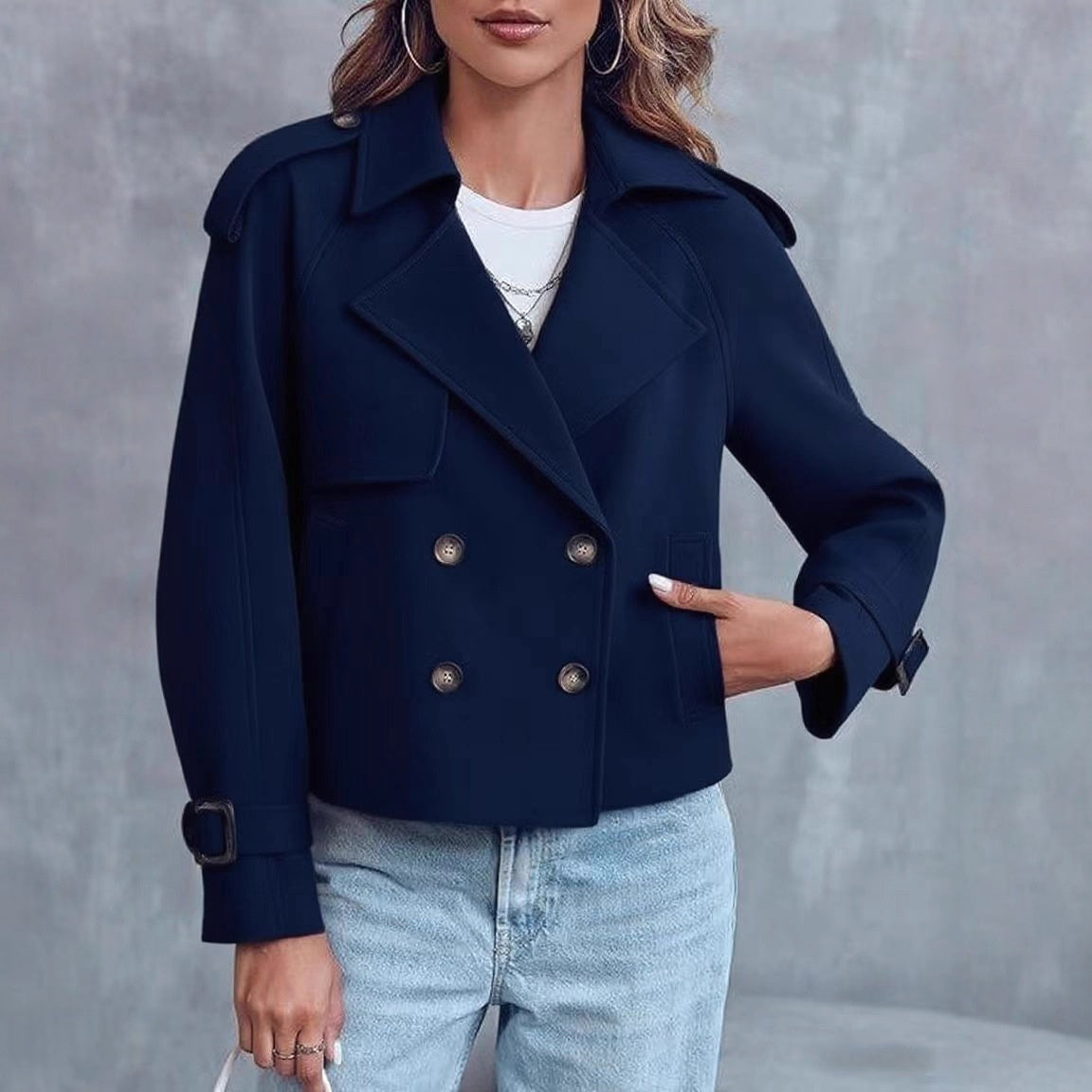 Women's Fashion Casual Short Double-breasted Trench Coat