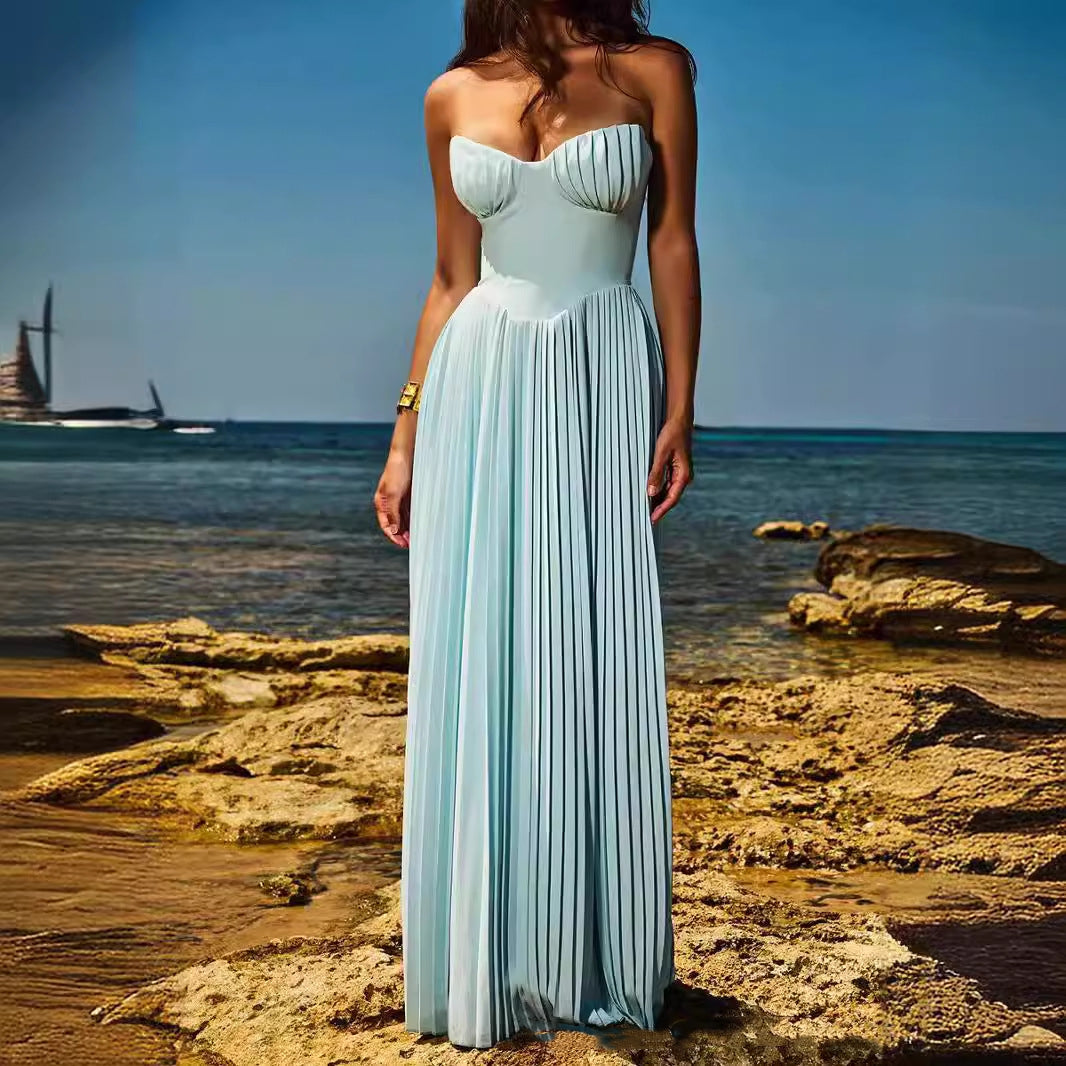 Blue Strapless Pleated Dress