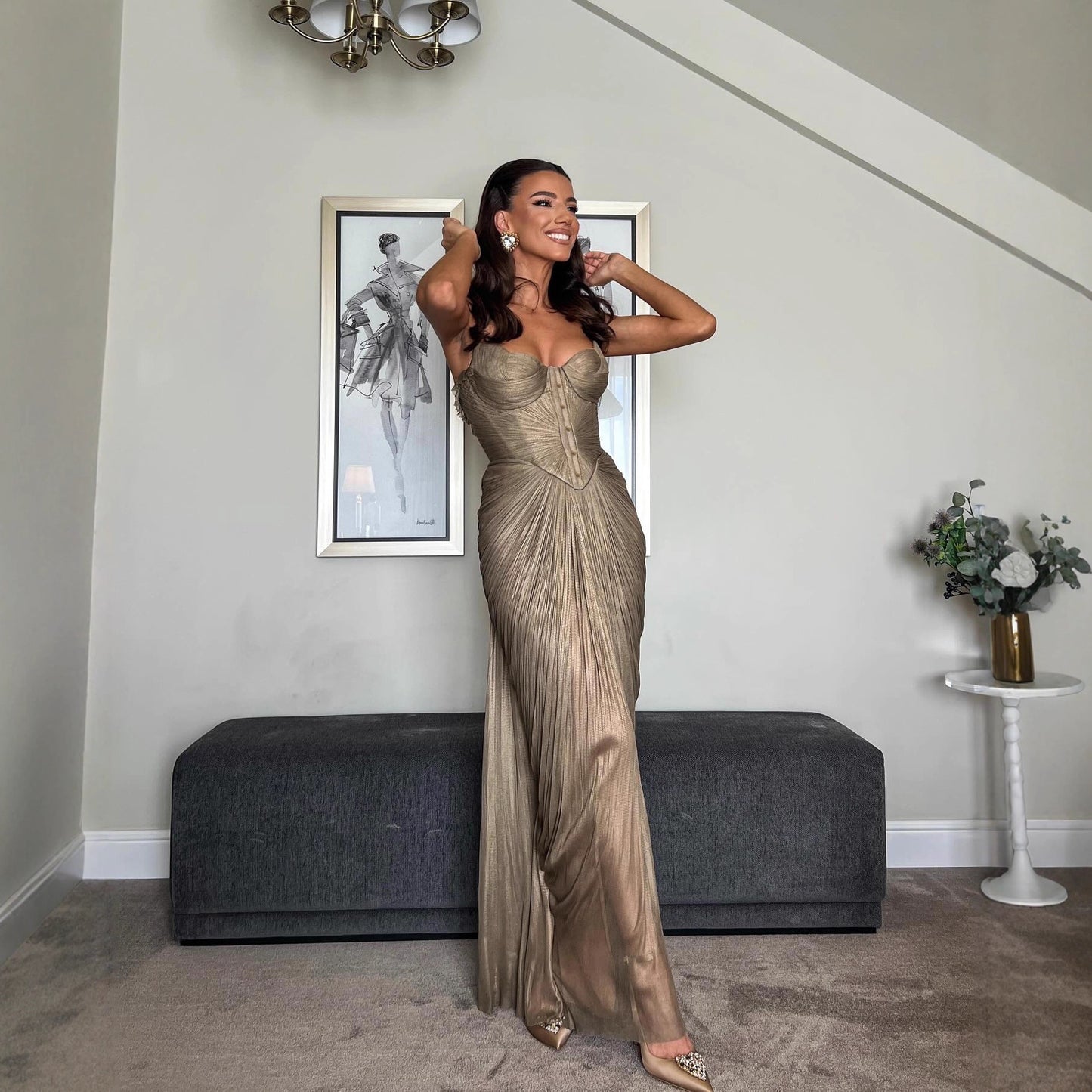 European And American Pleated Gold-stamped Lace-up Dress