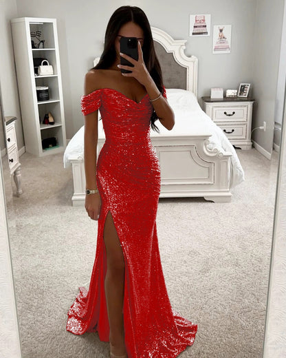 Sequin Off-Neck Split Dress