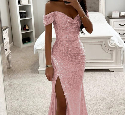 Sequin Off-Neck Split Dress