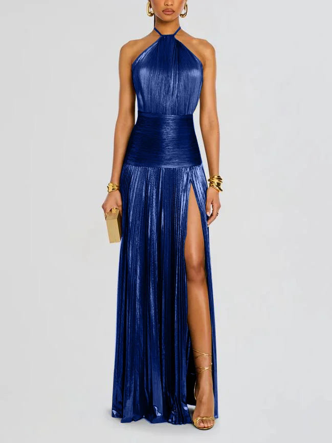 Pleated Halter Split Dress