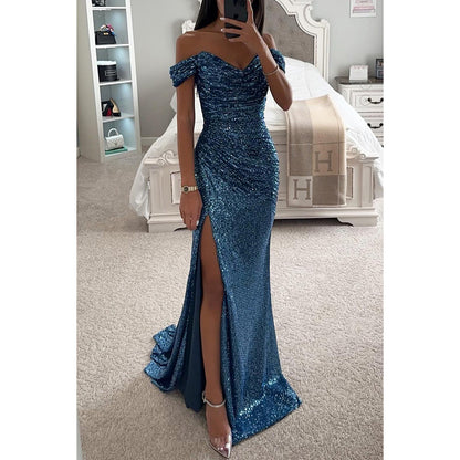 Sequin Off-Neck Split Dress