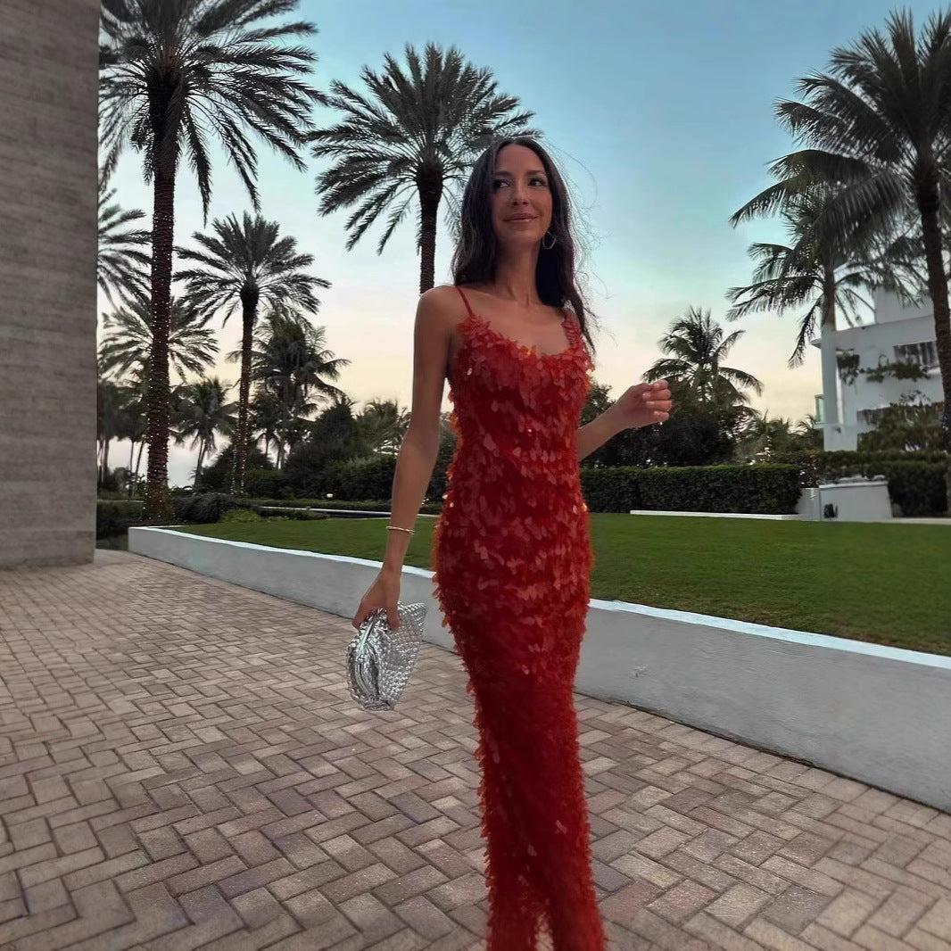 Sequined Backless Sling Dress