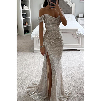 Sequin Off-Neck Split Dress