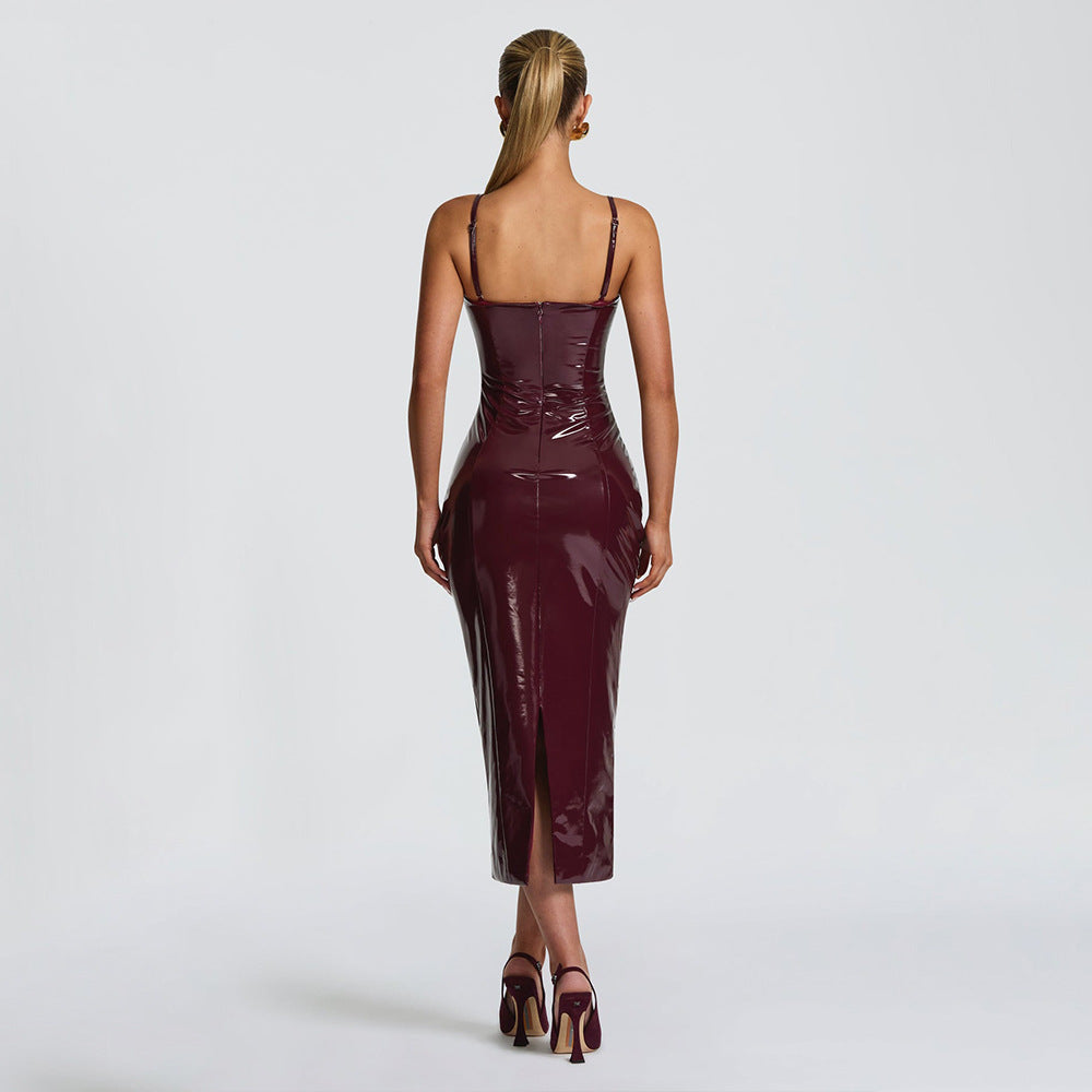 Fashionable Women's Dress Waist-cinching Bodycon Evening Gown- PU Leather sexy maxi Club Party Long Dress