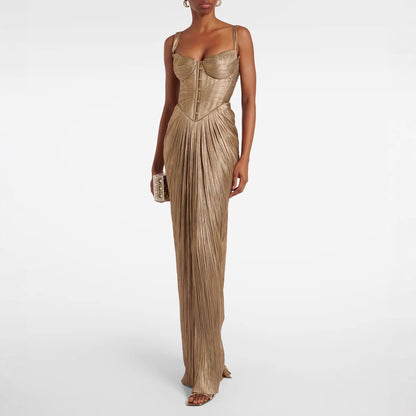European And American Pleated Gold-stamped Lace-up Dress