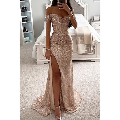 Sequin Off-Neck Split Dress
