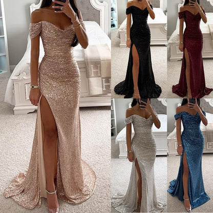 Sequin Off-Neck Split Dress