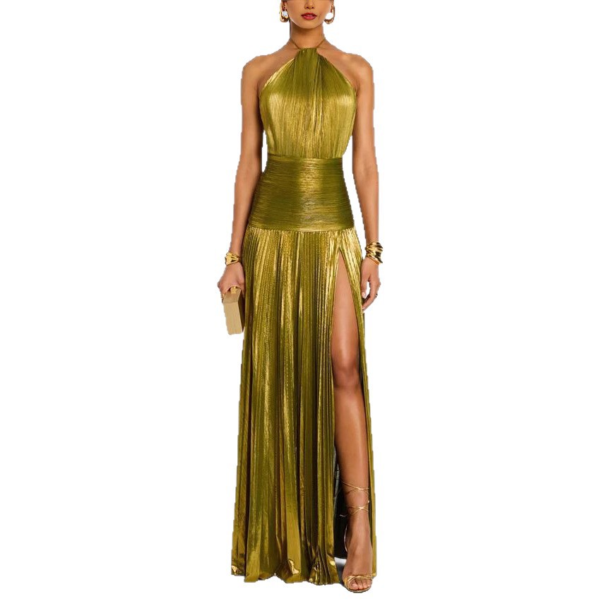 Pleated Halter Split Dress