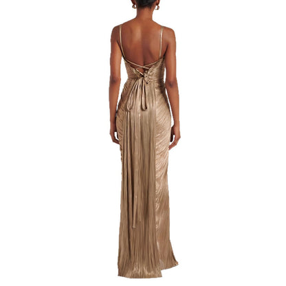 European And American Pleated Gold-stamped Lace-up Dress