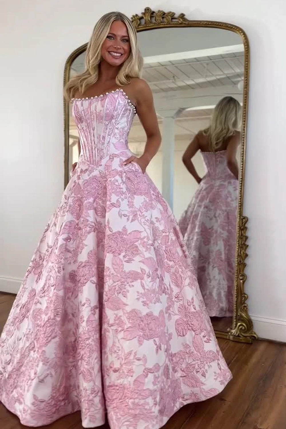 Sansa Customized Pink A-line Pearls Strapless Prom Dresses Sleeveless Sweet Vestidos De Noche Floor-Length Formal Evening 2026